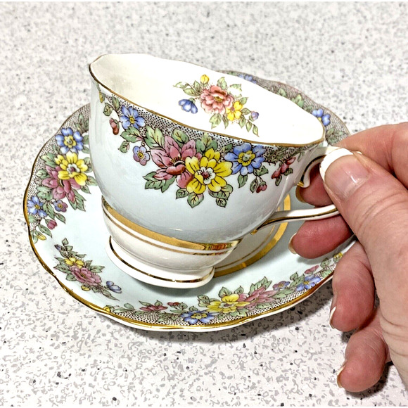 Colclough England Bone China Footed Tea Cup & Saucer Set Pale Blue & Floral - Picture 2 of 9